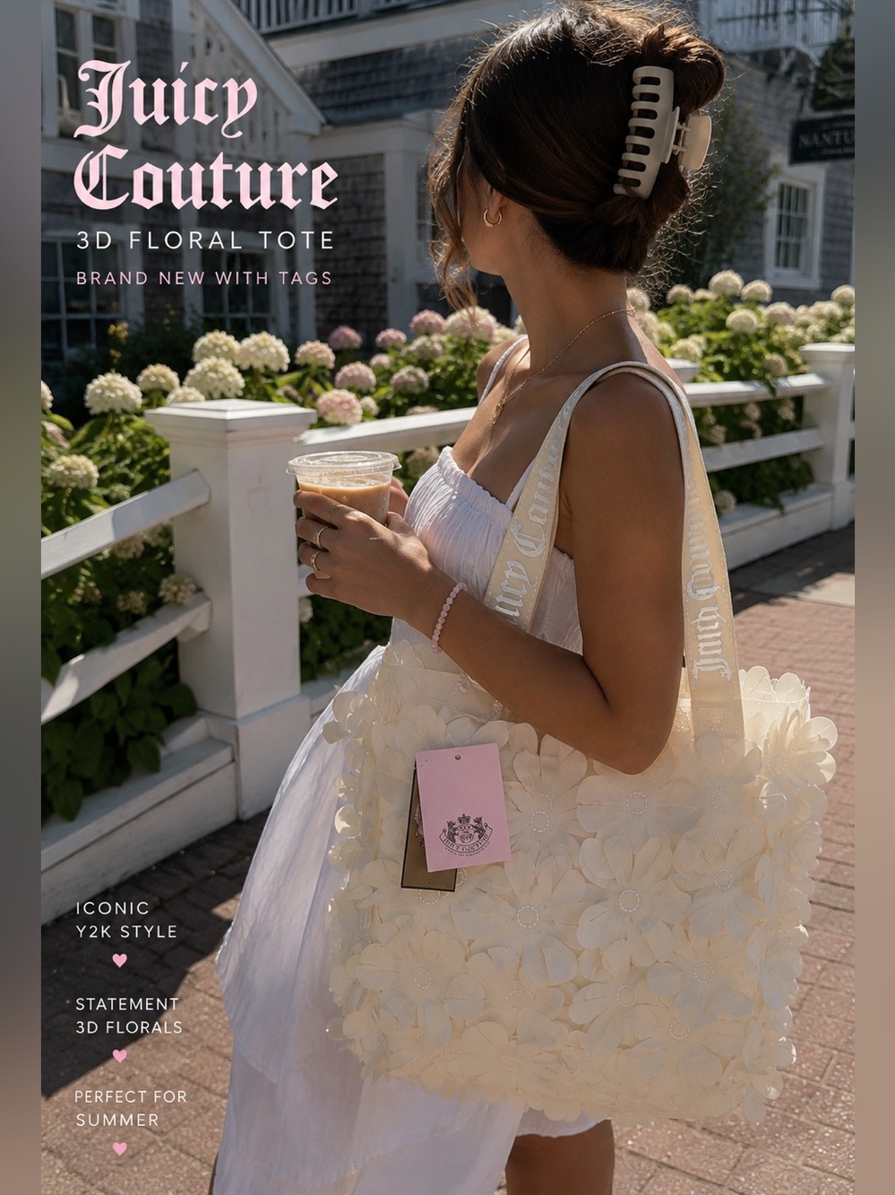 NWT Juicy Couture 3D Floral Appliqué Tote Bag Y2K Cream Logo Strap Rare